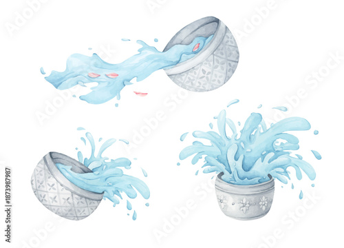 Thai Songkran festival, water splashing from silver bowl, April summer holiday celebration, Thai new year culture tradition, Watercolor illustration.