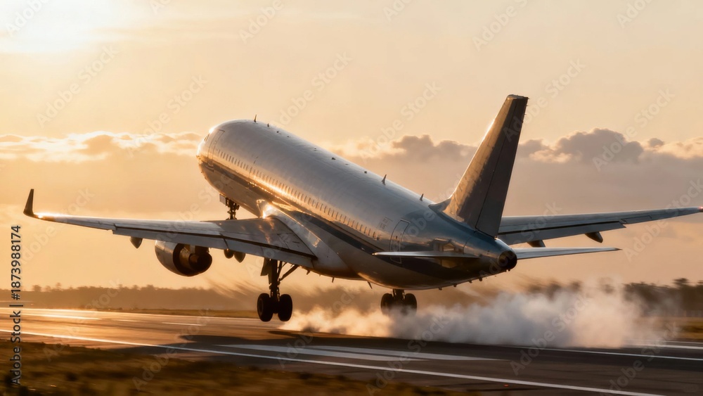 Fototapeta premium Commercial airplane taking off during sunset with landing gear retracting