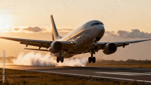 Plakat w ramie Commercial airplane taking off from runway during sunset with smoke trailing behind