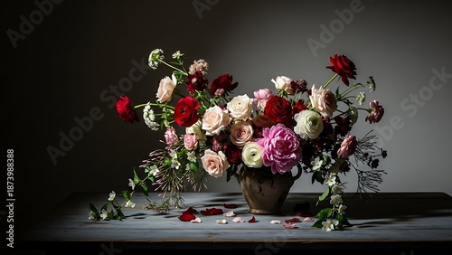 Wallpaper Mural Colorful bouquet of roses in a brown vase on a table with a dark background Torontodigital.ca