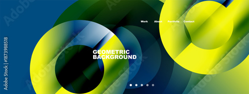 Abstract design features overlapping colorful circles. Text includes work, about, portfolio, contact. Dots indicate navigation options.