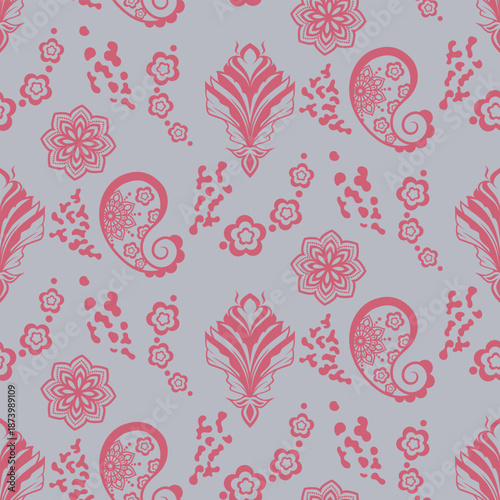 Seamless pink paisley and floral pattern on soft gray background. Suitable for textile printing, fabric production, apparel design, surface pattern and industrial manufacturing use.