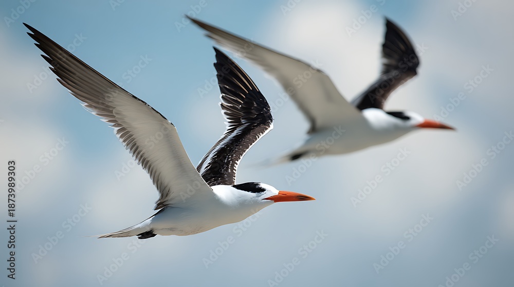 Fototapeta premium Two birds with black and white plumage, flying gracefully against a bright, cloudy sky