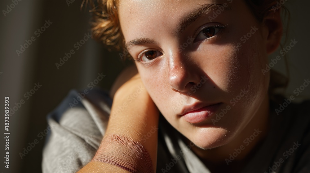 Fototapeta premium Burn Awareness Week: photo of a young adult with a healed burn scar on the forearm, soft natural window light, calm neutral expression, focus on resilience and recovery, realistic skin texture