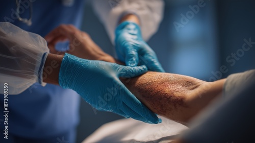 Burn Awareness Week: photo of a healthcare professional gently examining a healed burn area on a patient’s arm, medical gloves, clinical but warm environment, focus on prevention and education
