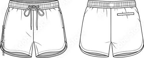 Women’s athletic shorts technical fashion flat sketch, running shorts with drawstring waist, curved hem, and rear pocket