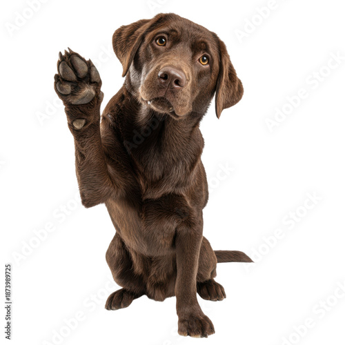 A chocolate lab dog sitting and raising its paw