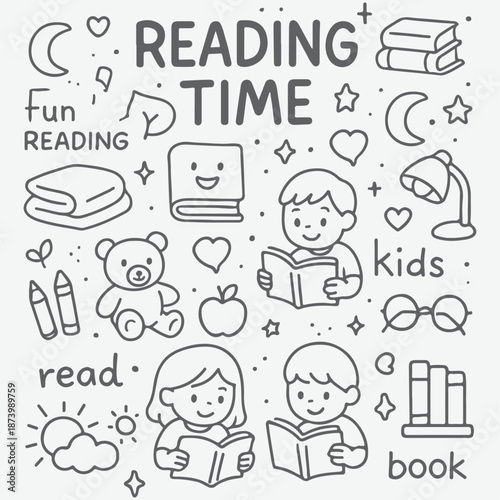 Reading Time Doodle Set with Kids and Books.