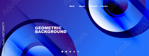 Abstract blue design features flowing shapes, text elements, navigation menu. Modern aesthetic suitable for website header or banner.