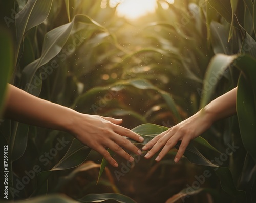 young woman holding hands in the field