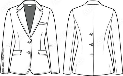 Women’s blazer jacket flat sketch, tailored design, lapel collar, button closure, pocket detail, formal wear, fashion vector illustration, clothing CAD drawing flat vector illustration