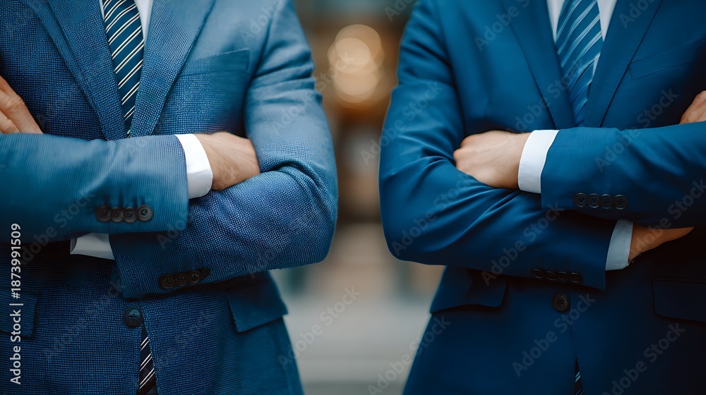 Fototapeta premium Close-up of two men in blue suits, arms crossed. Back view, blurred office background
