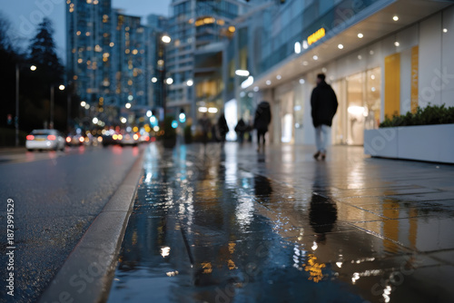 Wallpaper Mural A tranquil city street at night showcases reflections of colorful lights on wet pavement, creating an atmospheric and serene ambiance that captivates the viewer. Torontodigital.ca