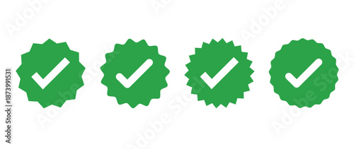 Green approval checkmark badges. Approval and verification icons. Scalloped circular shapes. Quality confirmation symbols