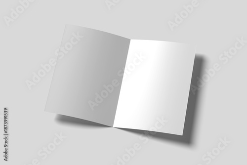 Concept mockup with two blank A4, (A5) bi-fold brochure with soft shadows isolated on gray background. One booklet is closed and lie on open on the spread. 