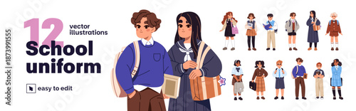 Diverse students set. Cute kids are wearing different school uniforms. Happy children with backpacks. Little boys and girls with books, bags for education. Flat isolated vector illustrations on white