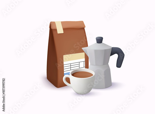 Coffee brewing concept with cup, moka pot and coffee bag. Morning routine and cafe theme for food branding, packaging and lifestyle design. 3D Vector Web Illustration.