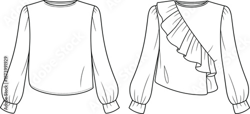 Women’s blouse fashion flat sketch with ruffle detail, long puff sleeve, crew neck, front and back view, vector illustration