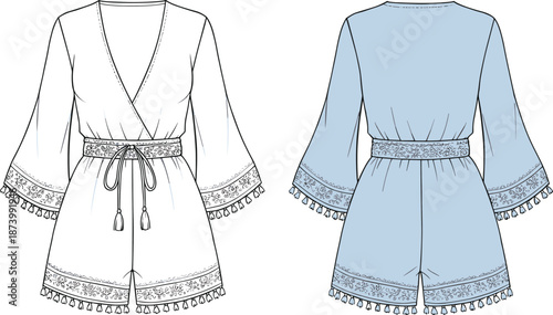Women’s boho romper CAD, fashion technical sketch, playsuit with tassels and embroidery, front and back views, vector flats.