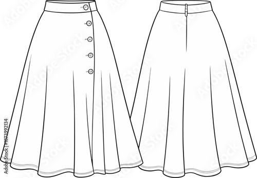 Women’s buttoned A-line skirt flat sketch, front and back views, flared hem skirt design, high waist, classic fashion illustration