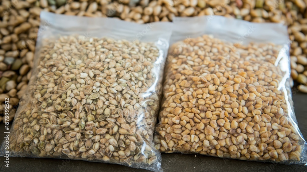 Obraz premium Two clear plastic bags filled with various types of dried grains and seeds used for high energy food rations and emergency storage
