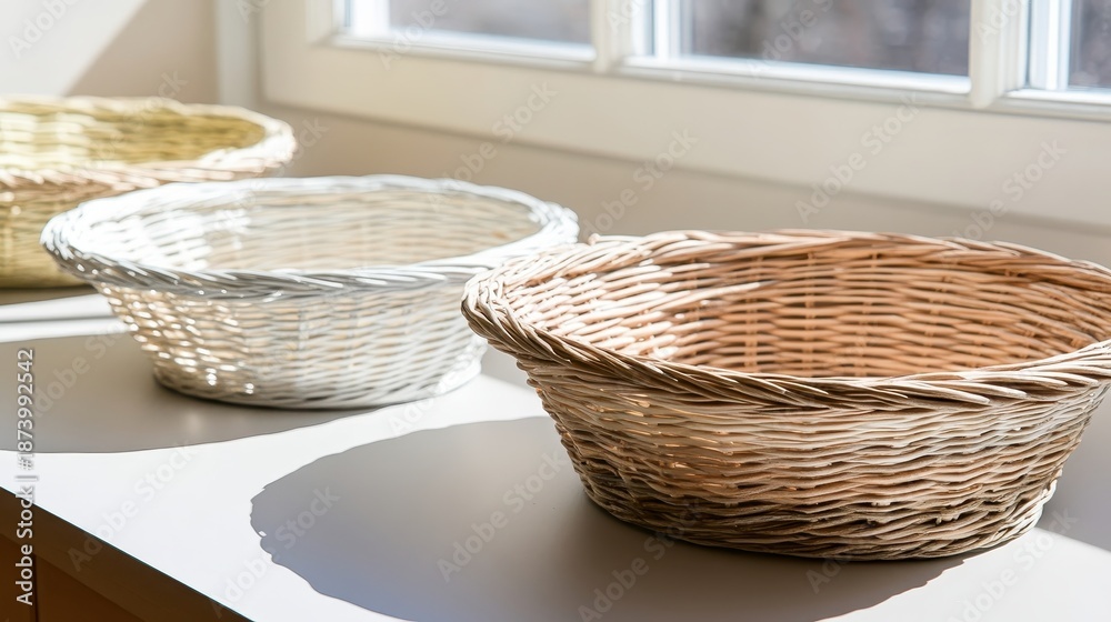 Fototapeta premium Two handmade woven wicker baskets sit on a table in soft natural light