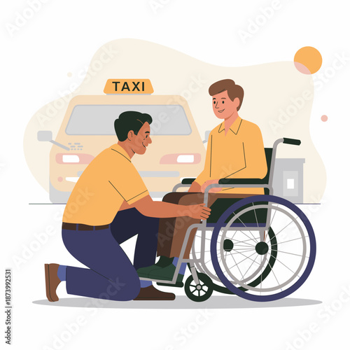 Taxi driver assisting man in wheelchair at taxi stand  