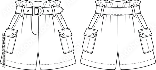 Women’s cargo shorts fashion flat sketch with paperbag waist, belt, flap pockets, casual style, CAD drawing flat vector illustration