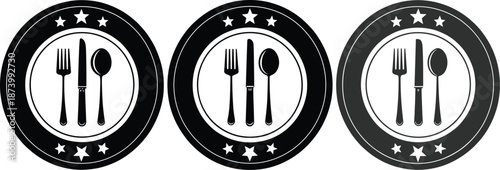 Elegant Culinary Emblems Featuring Fork, Knife, Spoon with Five-Star Motif in Circular Badge Design for Restaurant Branding and Quality Icons
