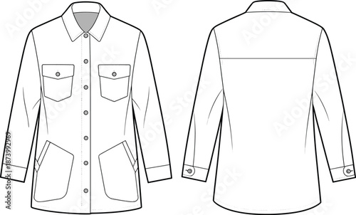 Women’s casual jacket flat sketch, long sleeve shirt jacket, front flap pockets, button closure, cuff detail, technical CAD drawing, vector illustration