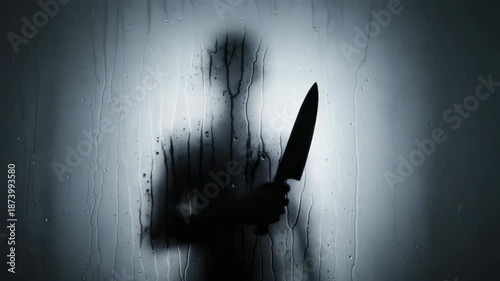 Chilling silhouette of a dangerous man holding a sharp knife behind a wet glass window, creating a frightening and suspenseful atmosphere for a horror or crime scene concept