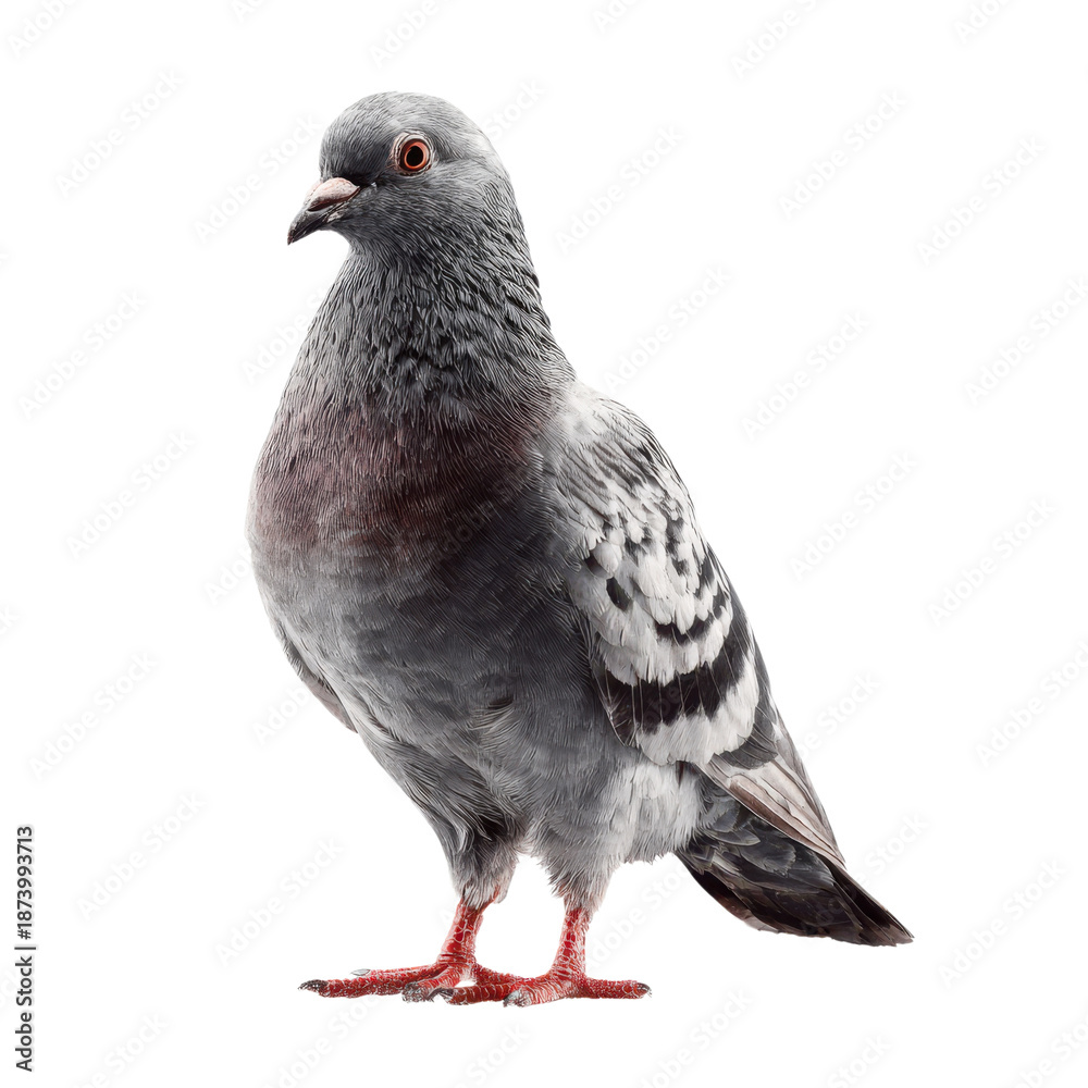 Obraz premium Realistic gray pigeon illustration, urban bird wildlife clipart PNG, detailed feathers and red feet for design and education isolated on Transparent Background