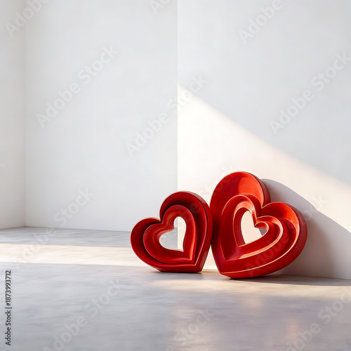 Valentine red 3D nested heart sculptures leaning against a white wall in a minimalist room. Valentine Decor. Minimalist representation of affection.