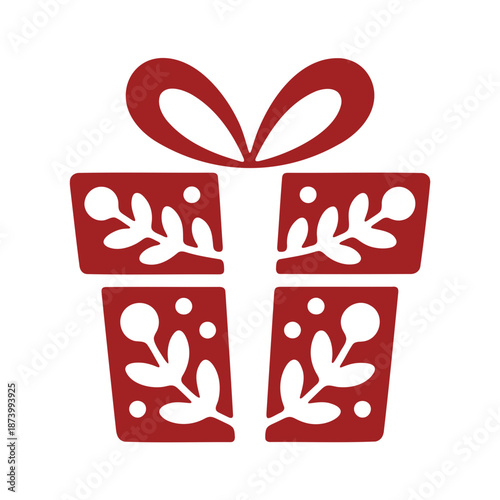 A red gift box icon with a ribbon and floral design on a white background