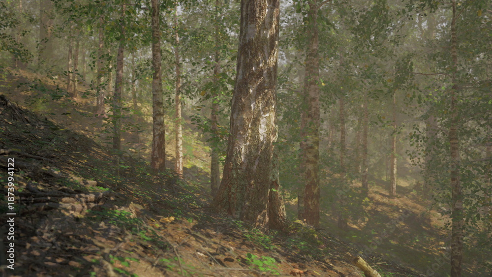 Fototapeta premium Sunlight filters gently through dense tree branches, casting soft light on the forest floor. A peaceful scene unfolds with lush greenery and earthy tones, inviting exploration and calm.