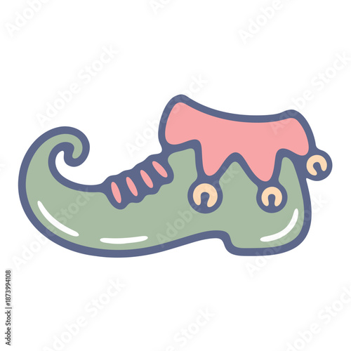 A whimsical green elf shoe with a pink hat and striped socks in a cartoon style