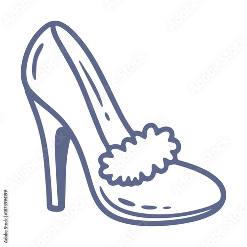 A minimalist line art illustration of a high-heeled shoe with a flower decoration