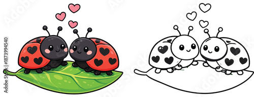 Happy cartoon insects with heart spots in a vector illustration of a cute ladybug couple on a leaf with floating hearts
