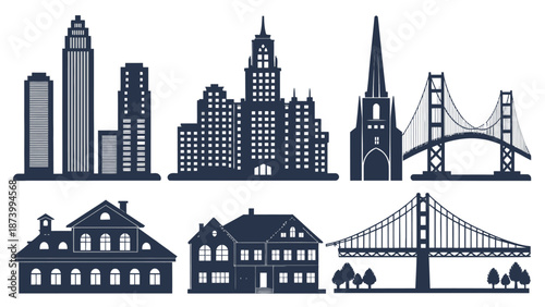 City skyline with buildings and bridges in dark blue silhouette