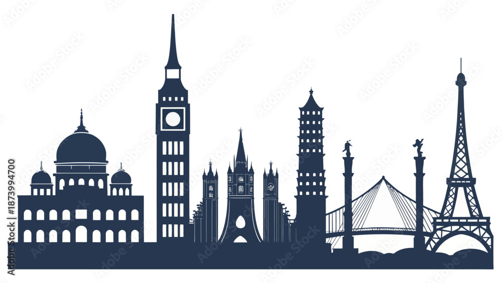 Obraz premium Iconic city skyline with famous landmarks around the world