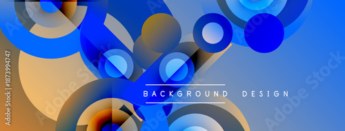 Abstract design features overlapping circles, gradients. Blue, brown hues dominate composition. Text reads background design. Modern aesthetic.