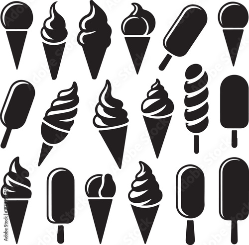 black and white icons of various ice cream types and flavors