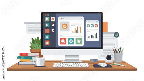 A modern office workspace with a computer displaying various charts and graphs, surrounded by office supplies in a tidy desk setup.