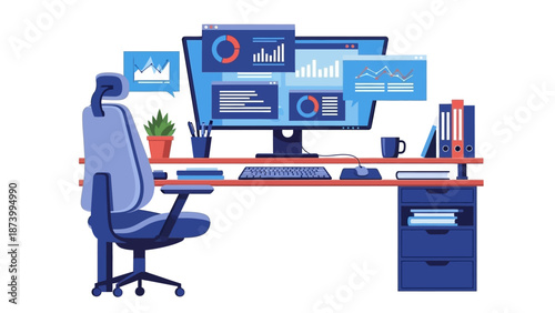 Modern office workspace with computer monitors and office supplies on a desk