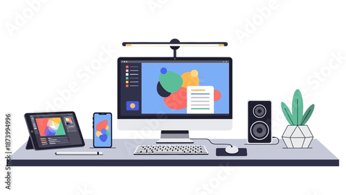 Modern workspace setup with computer, keyboard, and devices on a sleek desk