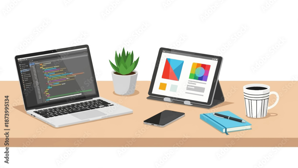 Fototapeta premium A modern workspace featuring a laptop, tablet, and office supplies on a wooden desk