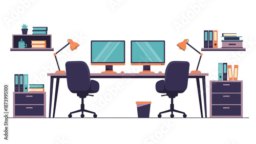 Modern office workspace with dual computer monitors and ergonomic chairs, viewed from the front