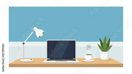 Modern workspace with laptop and office supplies on a wooden desk