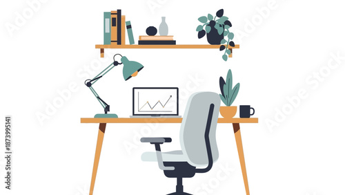 A modern office workspace with a desk, chair, and various office supplies in a minimalist environment viewed from the side.