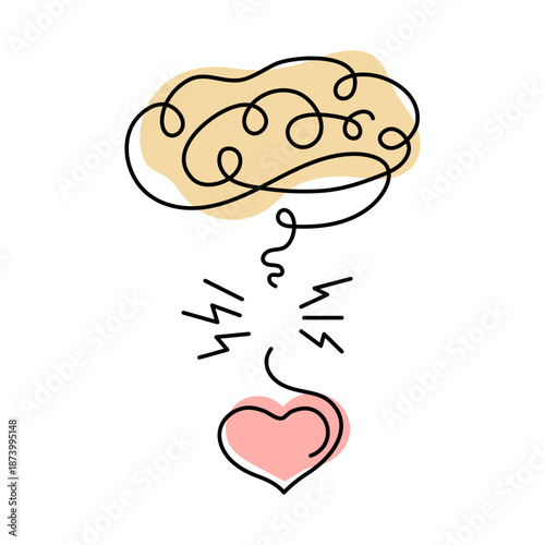 Human brain disconnected to heart, broken connection continuous line drawing. Mind and feeling concept. Vector illustration